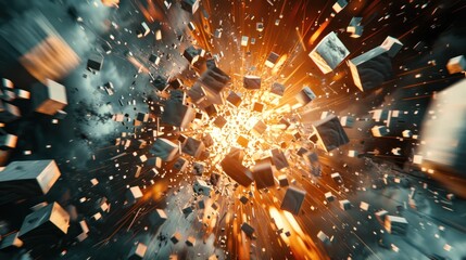 Abstract geometric background Explosive power design with grinding surface First person view realistic daylight view  - obrazy, fototapety, plakaty