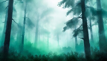 enigmatic and mysterious wallpaper background with a fog covered forest