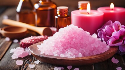 Relaxing spa experience rose crystal sea salt therapy in serene ambiance with candlelit zen decor