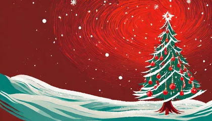 Muurstickers red background christmas landscape christmas tree in the snow generate © Richard