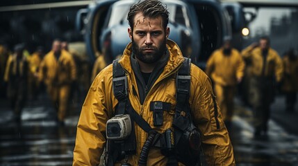 Man in Yellow Raincoat Walking in Rain