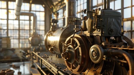 A steam engine is a machine that uses heat from steam to drive pistons. The piston converts heat energy into mechanical energy. First person view realistic daylight view  - obrazy, fototapety, plakaty