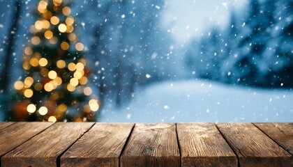 empty wooden table in front of winter holiday background with snowy christmas tree and candles