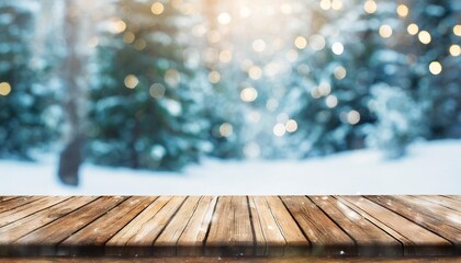 Naklejka na ściany i meble empty wooden table top with bokeh background about winter christmas concept theme snow bokeh backdrop with wooden table podium