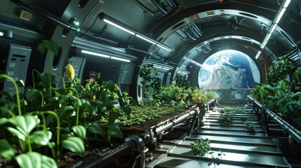 A space garden is a designated area for growing plants in space. These gardens can be located in space stations, modules, or even on planets. First person view realistic daylight view 