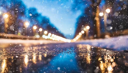 Fotobehang winter abstract blurred background with bokeh blurry night city lights in reflection on a snowy road neon light falling snow snowflakes © Richard