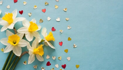 Fototapeta na wymiar fresh daffodils blossom in spring concept top view photo of white and yellow daffodils and gypsophila with heart shaped confetti on pastel blue background with copy space for text or advert
