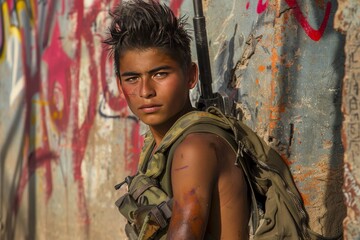 Young Man With Gun in Front of Graffiti Wall