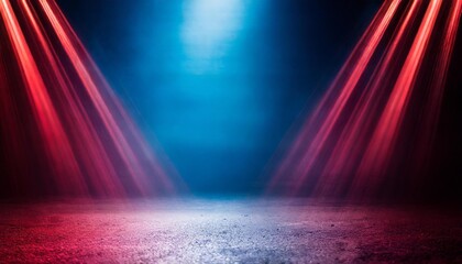 abstract image of studio dark room with lighting effect red and blue concrete floor gradient...