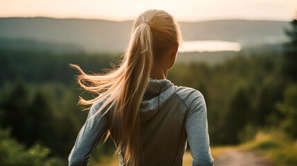 A woman with long blonde hair is running in a forest. Concept of freedom and adventure, as the woman is enjoying the outdoors and the beauty of nature - obrazy, fototapety, plakaty