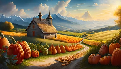 Fotobehang autumn landscape with a farm © Frantisek
