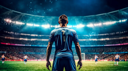 A soccer player in a blue jersey with the number 7 on it stands on a field with other players - Powered by Adobe
