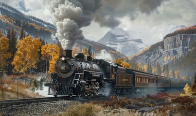 black steam locomotive pulling a chain of vintage carriages through a stunning autumnal mountain landscape with vibrant trees and a snowy peak - obrazy, fototapety, plakaty