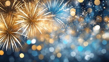 background of abstract gold silver and blue glitter lights with fireworks defocused - obrazy, fototapety, plakaty