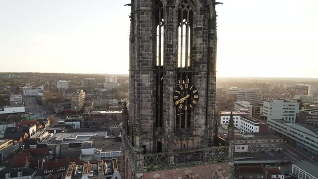 Aerial video descends on the spire of Onze Lieve Vrouwetoren, Amersfoort Netherlands