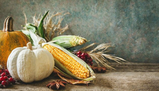 thanksgiving vintage background with autumn harvest of squah and corn