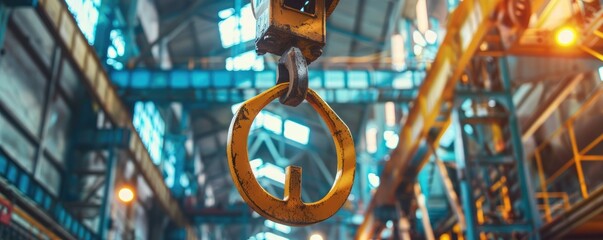 industrial crane hook with blurry factory background, symbolizing construction and manufacturing