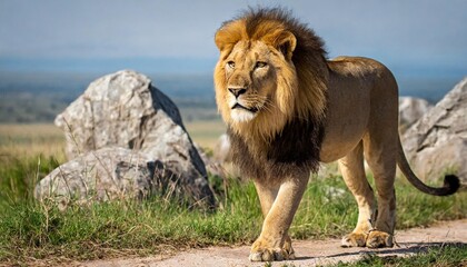 lion walking on the path with rocks in background