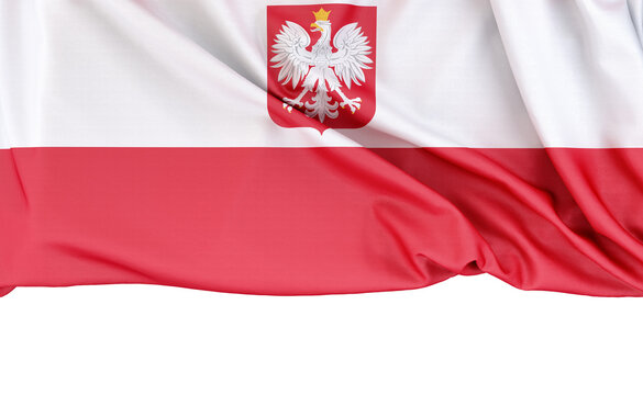 Flag of Poland with Coat of arms isolated on white background with copy space below. 3D rendering