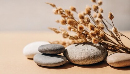 abstract nature scene with composition of stones and dry flowers neutral beige background for...