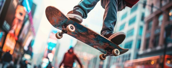 Dynamic shot of a skateboarder mid-trick with vibrant advertising billboards in a lively urban...