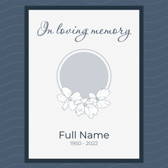 funeral card template with round photo frame and flowers