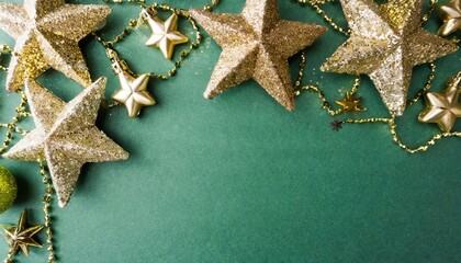 christmas background with stars in green and gold colors view with copy space