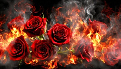 red roses on a black background with a lot of smoke and fire - obrazy, fototapety, plakaty