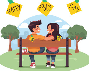 Couple sitting on a bench in the park were joking with each on Fools day. Joke Kick Me Note. Vector Illustration