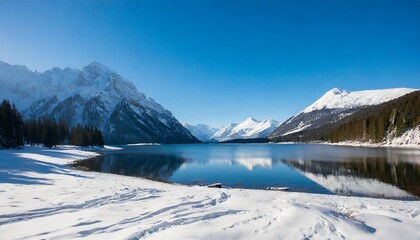 beautiful winter snowy scene landscape in the mountains with a lake snow wallpaper background