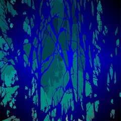Fototapeta na wymiar Background with pattern of trees branches in dark, neon blue and green colors - abstract graphic. Topics: wallpaper, card, abstraction, pattern, texture, image, art of computer