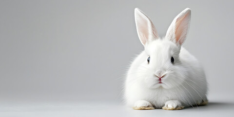 Cute white rabbit or bunny isolated with copy space for Easter background. Joyful and festive atmosphere.