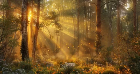 Zelfklevend Fotobehang Enchanting forest scenery with sunbeams piercing through the mist and trees © Daniela