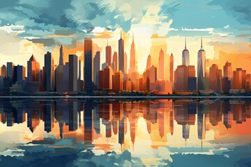 a city skyline with a reflection of the sun - obrazy, fototapety, plakaty