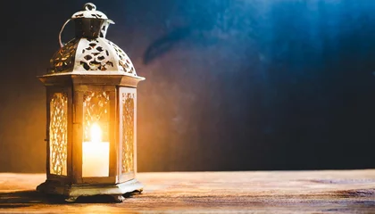 Foto op Plexiglas beautiful burning arabic lantern on wooden table ramadan background with copy space for text © Richard