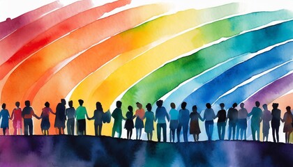 multicolored crowd a row of silhouettes of people drawing watercolor style multicultural society performance concert rainbow spectrum background gradient - obrazy, fototapety, plakaty