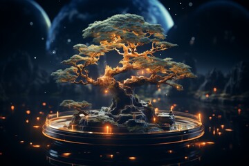 Bonsai Tree Illuminated by Moonlight