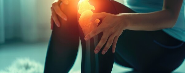 A person experiencing knee pain highlighted with a glow, indicating discomfort and the need for care - obrazy, fototapety, plakaty