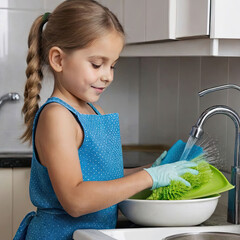 A little girl washes the dishes. A fair-haired child in a blue apron does household chores. Protective gloves, kitchen sink.