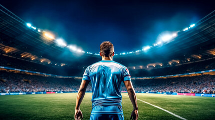 A soccer player stands on a field in front of a large crowd. The stadium is lit up, creating a bright and exciting atmosphere. The player is wearing a blue jersey and is ready to play