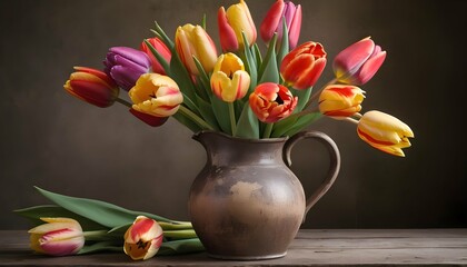 A Bouquet Of Tulips In A Rustic Jug High Quality Upscaled 4