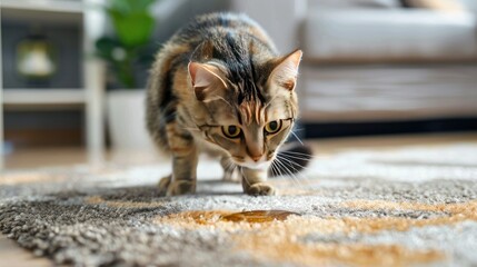 An adorable cat curiously inspects a wet spot on the carpet, prompting thoughts of pet care and accident cleanup.