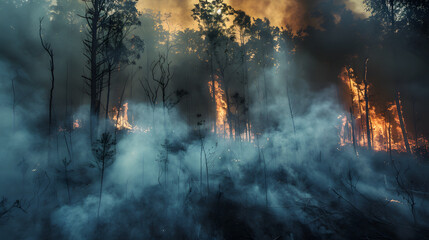 a smoke filled forest on fire