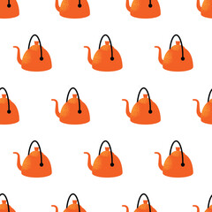 Camping and hiking equipment seamless pattern. Adventure, trekking kit, tourists tools. Tent, backpack, picnic table, food, guitar, camera and fire. Flat vector illustrations isolated on background