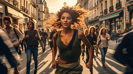 A woman runs through a crowded street with people behind her. The scene is bustling and lively, with many people walking and running around. The woman's hair is blowing in the wind