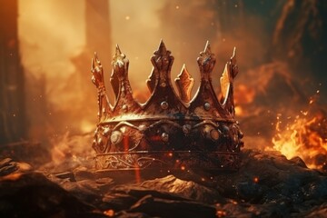 Symbolic crown ablaze symbolizes medieval dynasty rise and fall with royalty and knights - obrazy, fototapety, plakaty