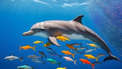 A Dolphin Swimming With A Colorful School Of Fish Upscaled 5