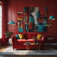 3D render of a modern living room featuring a vibrant red sofa