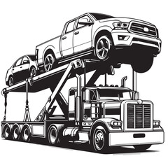 Car carrier trailer side view. Black and white illustration. Car hauler icon, Car Hauler Vectors: Various Poses of Trucks and Trailers Lifting Cars