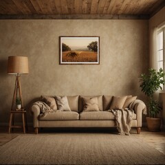Cozy farmhouse living room with rustic sofa, live edge coffee table, and big empty mock-up poster frame against beige wall